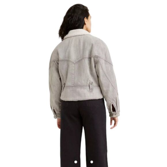 LEVI'S Romantic Biker Jacket Moto Cotton Denim Trucker Sherpa Lined Collar Women - Picture 2 of 10